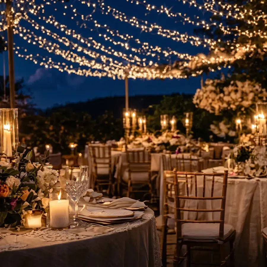 Décoration de mariage en plein air avec cages à oiseaux